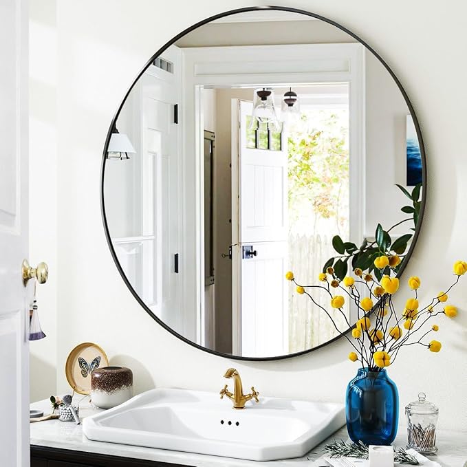 Black Round Bathroom Mirror, 30 inch Circle Wall Mounted Hanging Mirror with Simple Modern Circular Metal Frame for Hallway, Entryway, Living Room, Black Frame