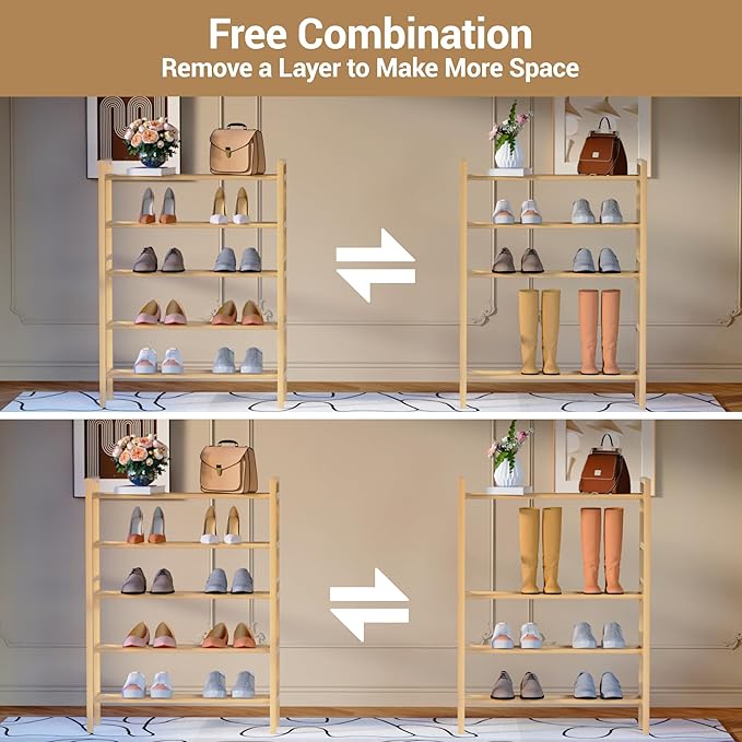 Haddockway Bamboo Shoe Rack for Closet, Free Standing Shoe Organizer with Smooth Round Rods & Convenient Handles, Stackable Shoe Storage Shelf for Entryway, Hallway(Natural, 5-Tier(Small))
