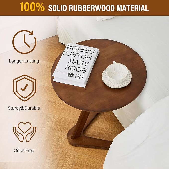 CozyDH Round End Table, Solid Wood C Shape Round Side Table, Walnut Coffee Bedside Table, Small Nightstand for Bedroom Living Room Office