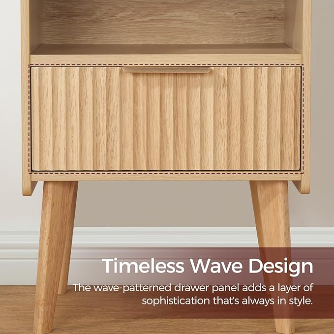 Fluted Nightstand, End Table, Small Modern Bedside Table with Charging Station, Side Table with Drawer, for Small Spaces, Bedroom, Living Room, Natural ETNA61E01