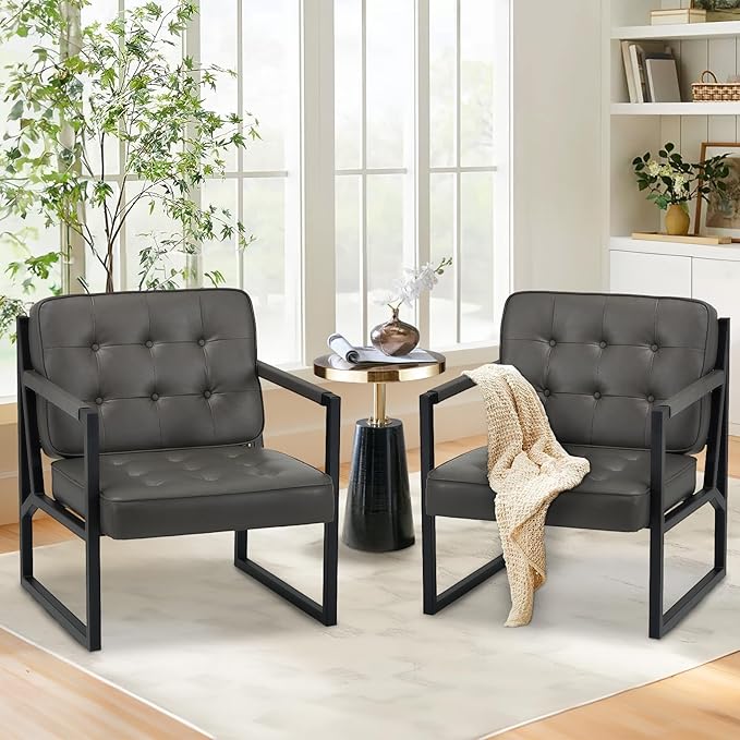 COLAMY Modern Accent Chair, Accent Arm Chair for Living Room, Comfy Leather Armchair with Metal Legs for Bedroom Reception Waiting Room, Grey