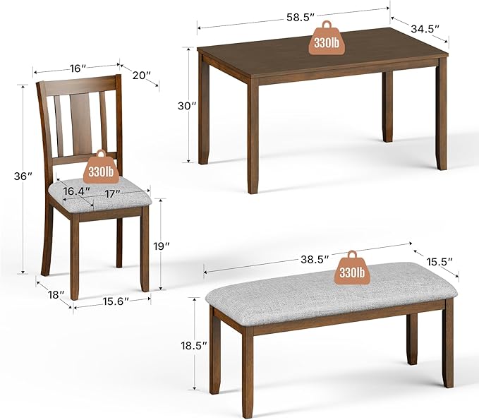 6-Piece Wooden Dining Set, Dining Table & Chair Set for 6, Includes Dining Table, 4 Upholstered Chairs & 1 Bench, Dining Table with Wood Legs, Table Set for Dining Room, Kitchen, Walnut