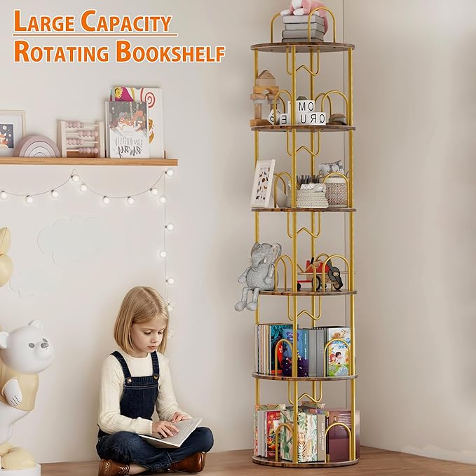 5 Tier Rotating Bookshelf, 360° Spinning Bookshelf Tower, Round Narrow Space Saving for Books and Display, Revolving Bookcase Corner Tall Book Shelf for Small Spaces, Bedroom, Living Room, Gold