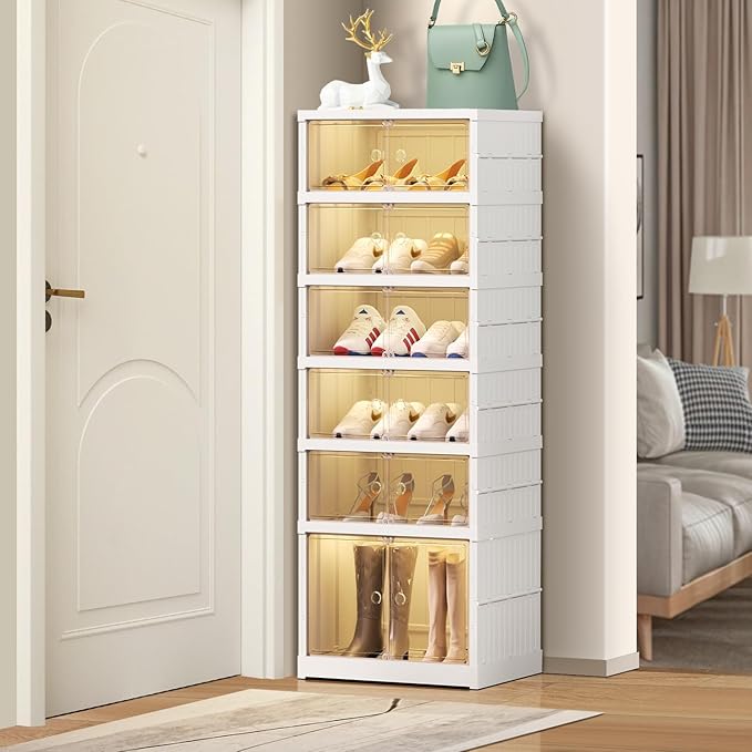 6 Tier Foldable Shoe Rack Organizer for Closet 6-12Pairs Plastic Collapsible Shoe Racks Shelf Stackable Clear Folding Shoes Storage boxes for Small Spaces Narrow Shoe Storage Cabinet