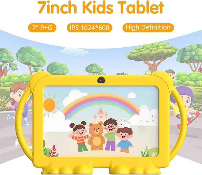 Kids Tablet 7 inch Android 12.0 for Toddler, 4GB RAM 32GB ROM Bluetooth IPS Screen Parental Control Dual Camera Shockproof Case for Educational Games (Yellow)