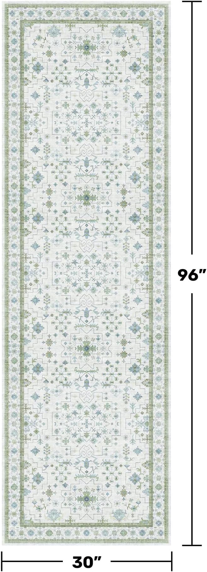 Oushak Wide Hallway Runner Rug 2'6"x8' - Vintage Turkish Floral, Washable Low Pile Non Slip Extra Long Runners for Kitchen, Hall Way - Cream Blue and Green