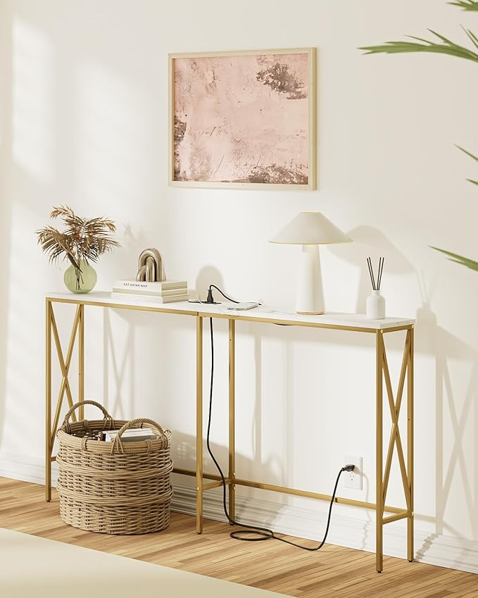 Masupu 63" Console Table with Power Outlet, Modern Narrow Long Sofa Table Behind Couch, Skinny Entry Table, Industrial Sofa Table with Metal Frame for Hallway, Living Room, Marble White