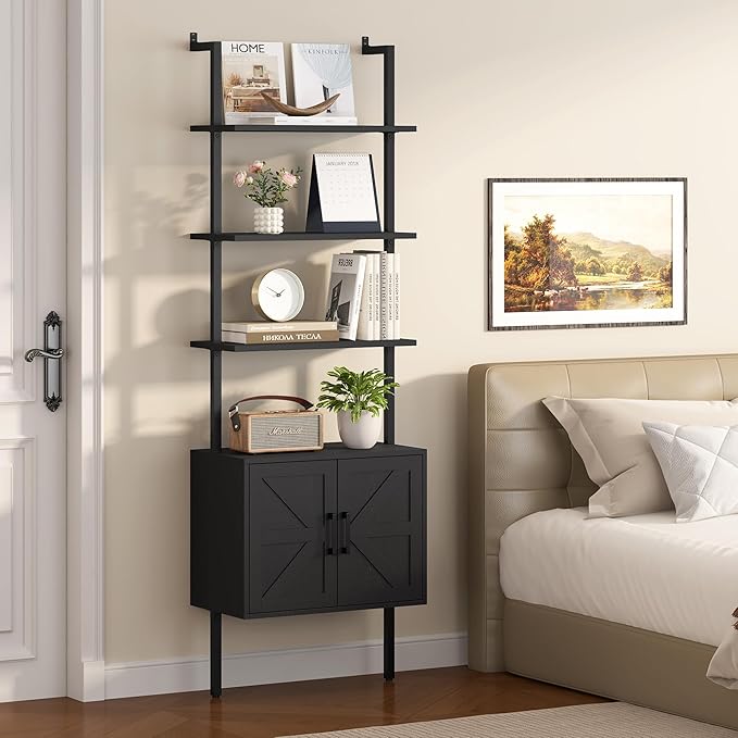 Yusong 73" Tall Bookshelf with Cabinet, Industrial Ladder Wall Mount Shelf Farmhouse Bookcase with Wood and Metal Frame, Plant Shelf Wall Storage Display for Living Room Bedroom, Farmhouse Black