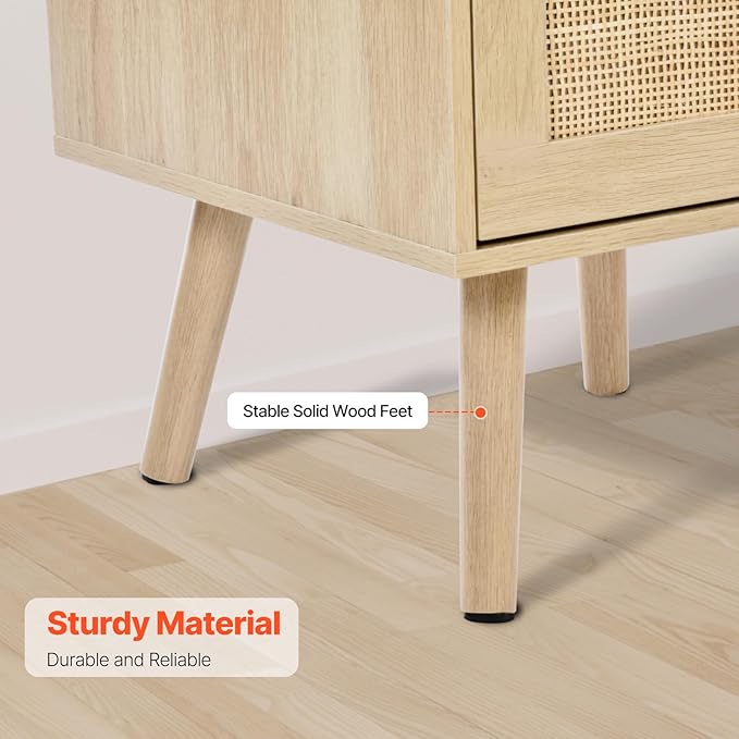 VEVOR Rattan Nightstand, Boho Bedside Table with 2 Drawers, End Table Nightstand with Solid Wood Legs, Rattan Bedside Table with Charging Station, for Bedroom