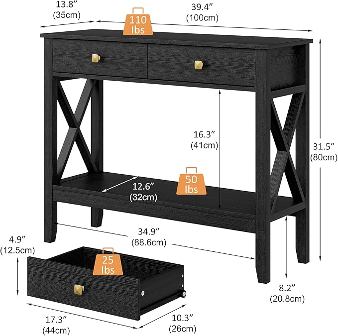 Console Table,Sofa Table 13.8" D x 39.37" W x 31.5" HEntryway Table with 2 Drawers Storage Shelve Foyer Table for Entryway Farmhouse Hallway Tables (Black)