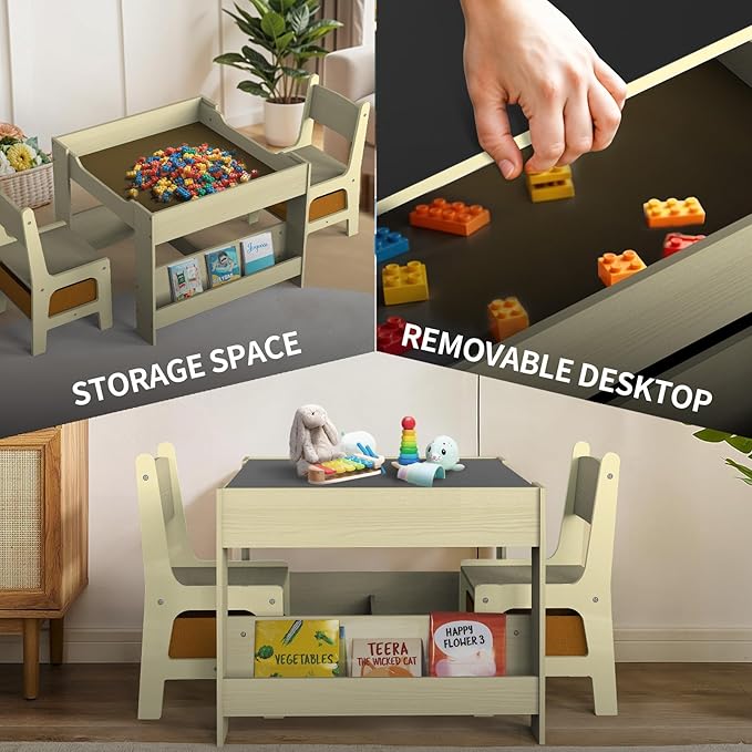 Joyooss Kids Table and Chair Set,4 in 1 Wooden Activity Toddler Table and Chairs Ages 3-7,2 in 1 Tabletop Drawing Reading Crafts Toddler Desk for Playroom,Kid Art Desk for Nursery Storage
