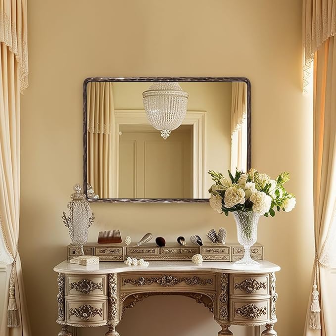 ANDY STAR Hand-Forged Bronze Bathroom Mirrors for Wall, 30x40 Inch Vintage Solid Steel Metal Frame Bathroom Vanity Mirror, Antique Rounded Rectangle Wall Mirror, Hangs Horizontally or Vertically