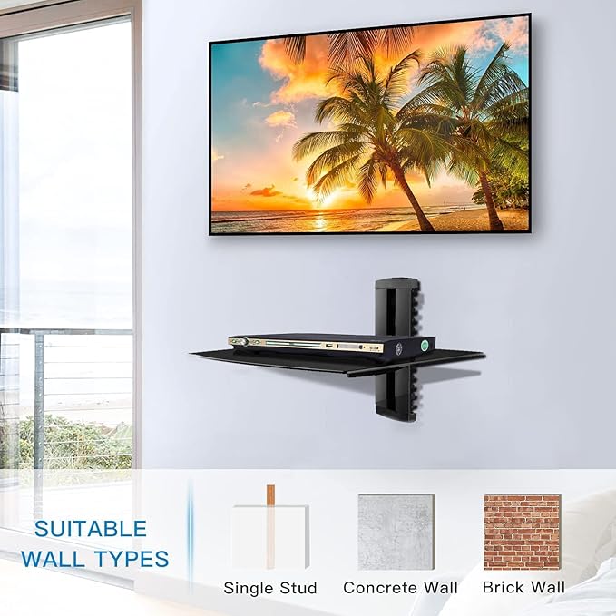 suptek Glass Floating Shelf, 1 Tier Media Shelf for TV Accessories, Flat Black Wall Mount Bracket, 17.6lbs Weight Capacity, Quick Installation, Cable Management, Custom Style, Backless