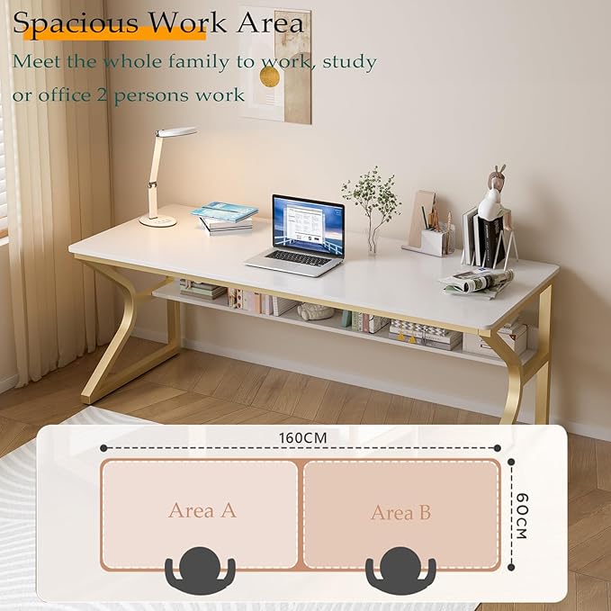Extra Long Desk with Bookshelf - 63" Double Long Writing Table for 2-Person Workstation, Modern Study Work Computer Desk for Home and Office, Gold
