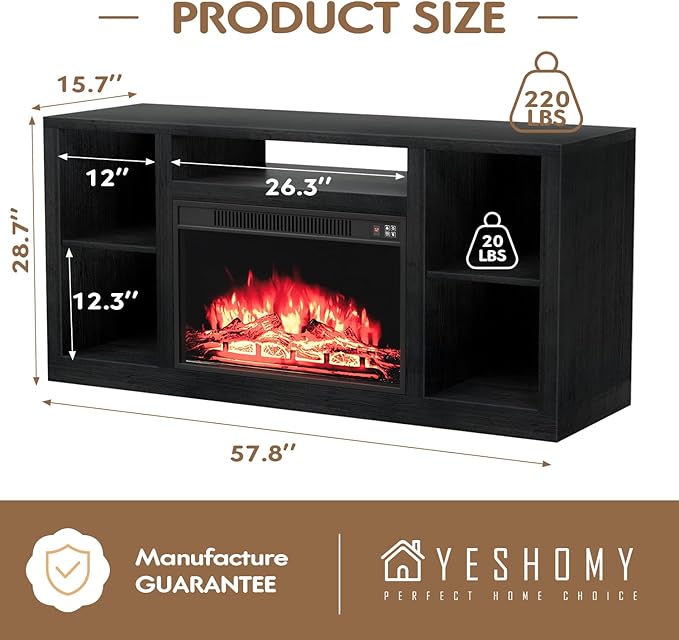 YESHOMY Electric Fireplace TV Stand for Televisions up to 65+ Inch, Media Entertainment Center Console Table with Four Open Storage Shelves & Cabinets, 58 Inch, Dark Black
