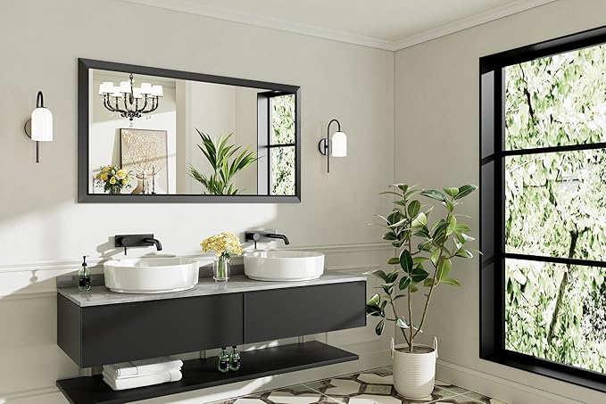 55x30 Inch Black Bathroom Mirror for Wall, Thick Metal Framed Rectangle Mirrors for Over Sink, Bedroom, Living Room, Entryway, Anti-Rust, HD Tempered Glass