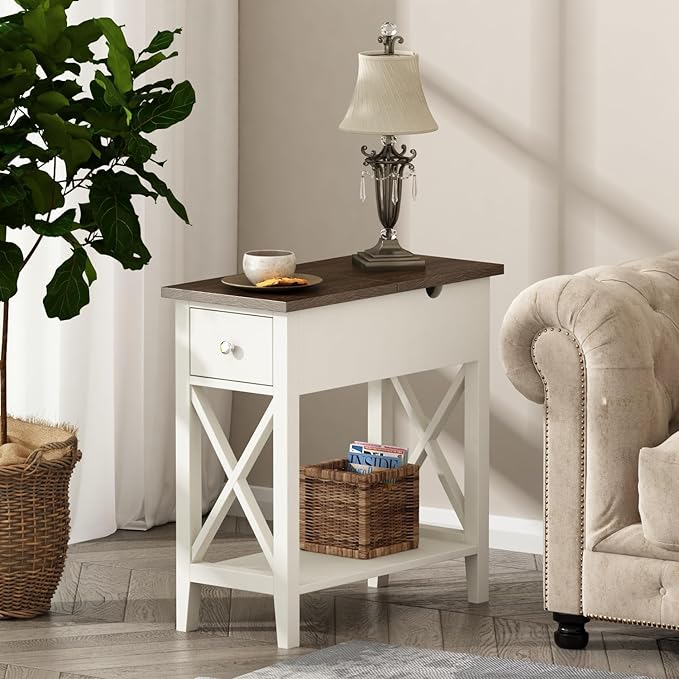 ChooChoo Farmhouse End Table with Drawer, Accent Small Side Table Nightstand for Living Room, Bedroom, and Small Spaces - Soft White