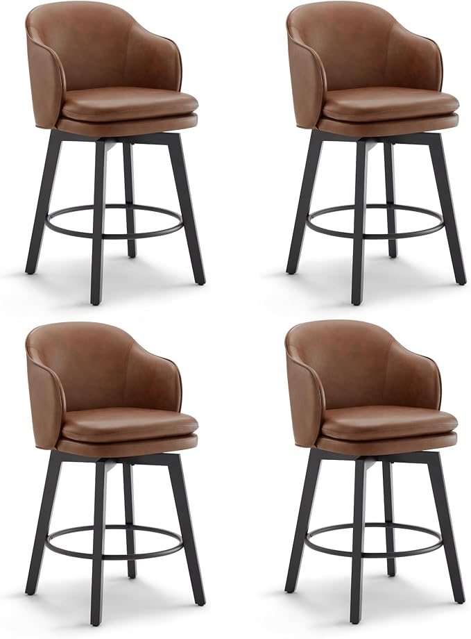 Counter Height Barstools 26 inch Upholstered Swivel Bar Stools with Back and Wood Legs for Kitchen Island,Set of 4,Brown PU Leather