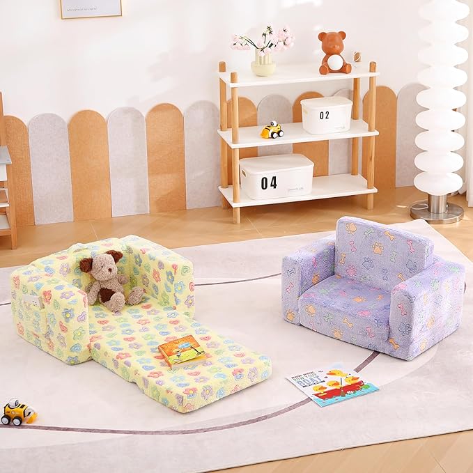 Tiita 2-in-1 Kids Sofa, Convertible Children Couch to Lounger, Flip Out Kids Chair, Toddler Armrest Chair Bed, Folding Kid Play Sofa for Girl or Boy, Flower