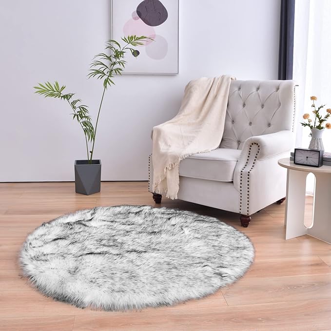 duduta White Black Faux Sheepskin Round Rug 4x4 ft, Fluffy Shag Fur Bedroom Nursery Kids Playroom Rug Dorm Decor Non Slip Washable