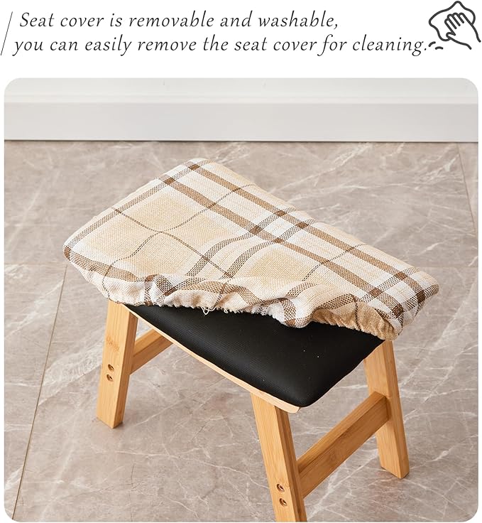 Foot Stool,Ottoman,Bamboo Small Sofa Foot Rest Under Desk,Extra Seating for Living Room, Bedroom and Kitchen (Natural Stool Legs - Stripes Surface)