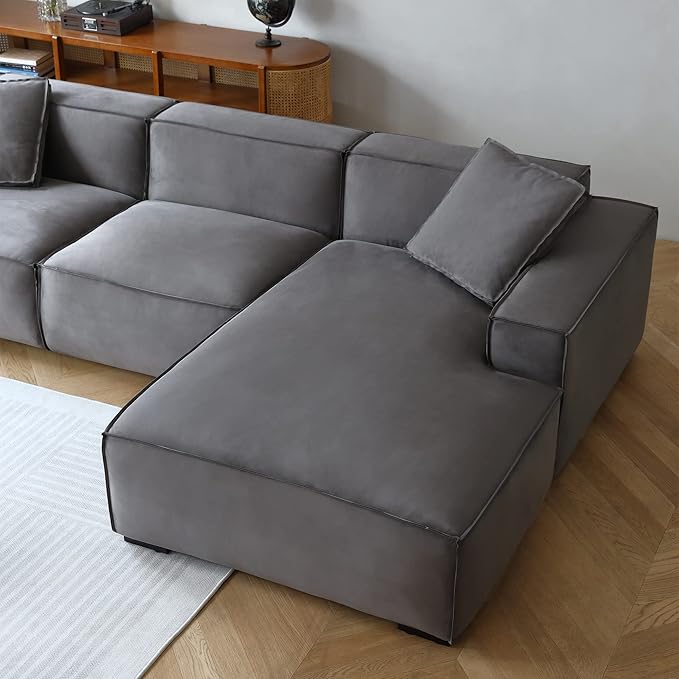 Acanva Modern L-Shaped Deep Sectional Sofa Furniture Set for Living Room Lounge, Minimalist Style Comfy Suedette Upholstery Corner Couch with Chaise, Dark Grey