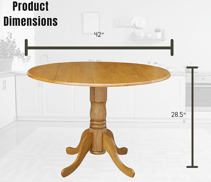IC International Concepts, 42" Round Dual Drop Leaf Pedestal Dining Table, Solid Real Wood, Sturdy Parawood, Dimensions 42"D x 42"W x 29.5"H, 20mm thickness, 40lbs Weight Capacity, Oak