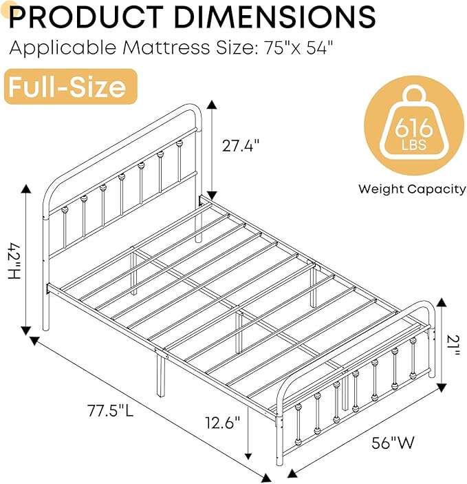 Full Size Bed Frame-Classic Metal Platform Bed Frame Mattress Foundation with Victorian Style Iron-Art Headboard/Footboard/Storage Space/No Box Spring Needed/Black