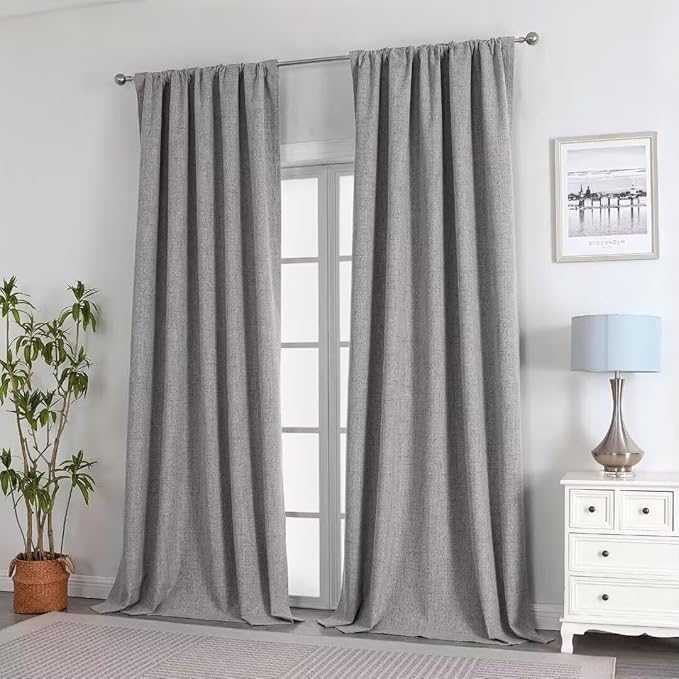 Joydeco Natural Linen Curtains 96 inch Length 2 Panels Set Burg 100% Blackout Patio Door Curtain Room Darkening Sliding Door Curtains Thermal Insulated Back tab Rod Pocket(105x96 inch, Light Grey)
