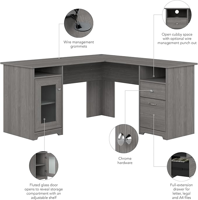 Bush Furniture Cabot L Shaped Computer Desk in Modern Gray | Corner Table with Drawers and Storage for Personal Home Office Workspace