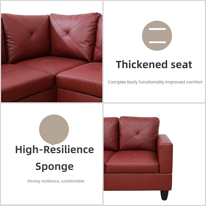 Leather Sectional Couch, Modern L Shaped Couches for Living Room, Comfy 4 Seat Modular Sectional Sofa with Ottoman Storage for Bedroom Apartment, Red