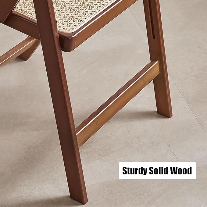 KISKIS Wooden Rattan Folding Chairs Portable Save Space Kitchen Dining Chair for Balcony Living Room, with Mesh Elastic Seat and Curved Back, 400LBS,2 Pack