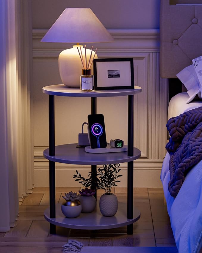 Small Round End Table - 3 Tier Design Accent Table, Narrow Side or Bedside Stand, Industrial Vintage Table for Small Spaces, Built-in USB Ports and Power Outlet, Greige