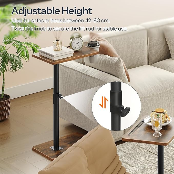 HOOBRO TV Tray Table, 360° Swivel Side Table Sofa Armrest Tray for Couch, Height Adjustable C Shaped End Table, Snack Desk with Cup Holder, for Small Spaces, Rustic Brown and Black BF234BZ01