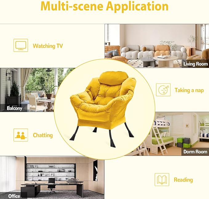 Lazy Chair Thick Padded, Comfy Velvet Accent Lounge Chair with Stable Frame, Leisure Sofa Armchair with Armrests and Side Pocket, Reading Chair for Bedroom, Living Room, Office, Yellow
