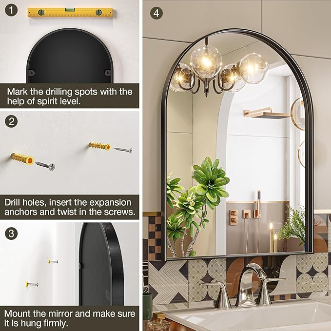 Brightify Arched Mirror, 23.9 x 31.9 Inch Black Arch Wall Mirror, Metal Frame Bathroom Mirror, Arched Top Bathroom Vanity Mirror for Living Room Bedroom Mantel Entryway Hallways