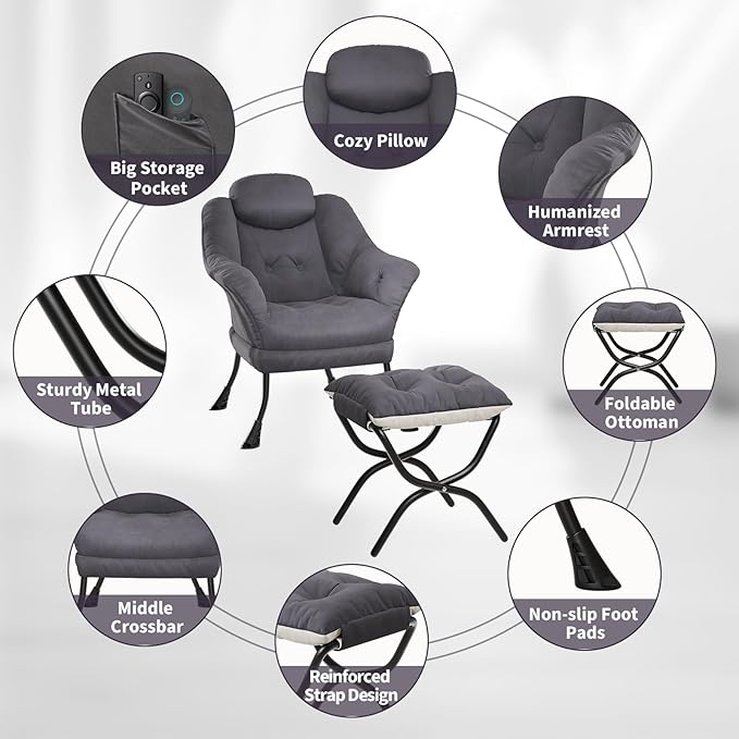IDEALHOUSE Lazy Chair with Ottoman - Modern Living Room Chairs for Small Spaces, Ergonomic Reading Chair with Armrests, Comfy Chair with Ottoman for Bedroom & Living Room, Grey