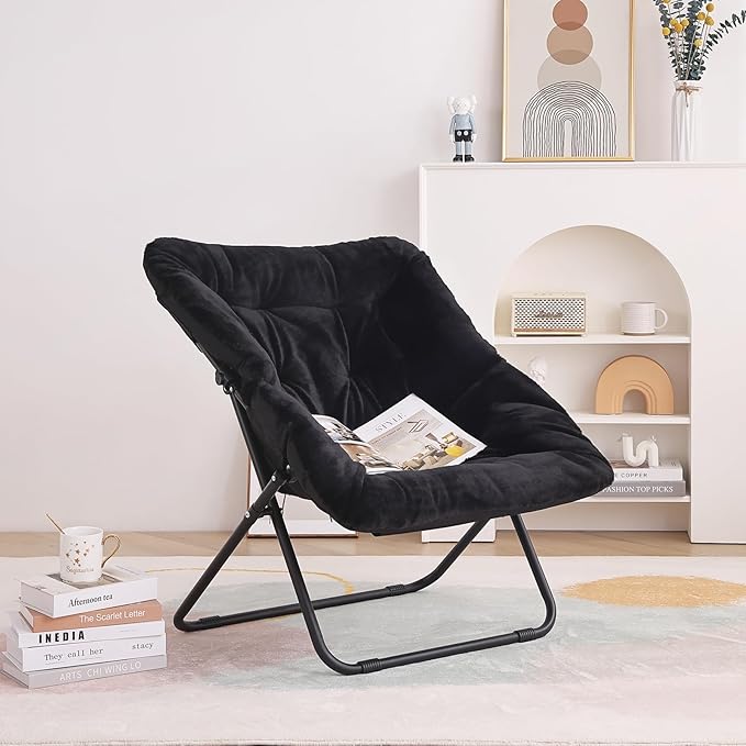 Tiita Comfy Folded Chair, Soft Faux Fur Oversized Folding Accent Chair, Lounge Lazy Chair for Kids Teens Adults, Metal Frame Moon Chair for Bedroom, Living Room, Dorm Rooms