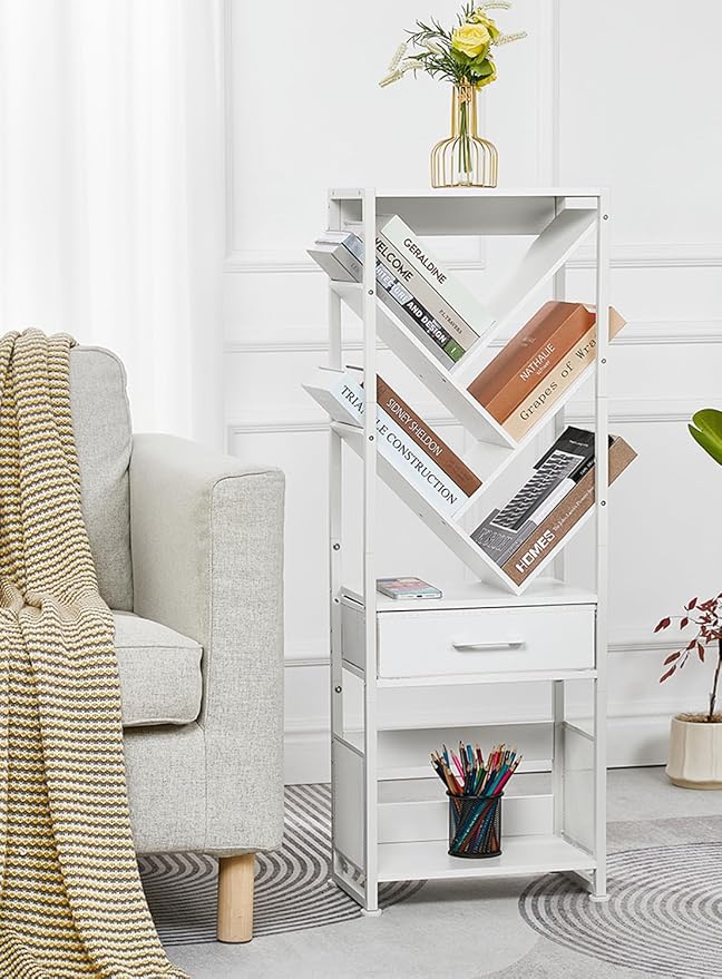 Bookshelf with Drawer,8 Tier Tree Bookcase Retro Floor Standing Bookshelves,Tall Wood Bookcases with Cabinet Storage Organizer for Living Room, Bedroom & Home Office, White