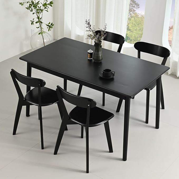 DELAVIN 59" Large Solid Wood Dining Table for 4-6 People, Mid Century Modern Oak Dining Room Table, Farmhouse Rectangular Kitchen Table for Dining Room, Living Room, Easy Assembly, Black