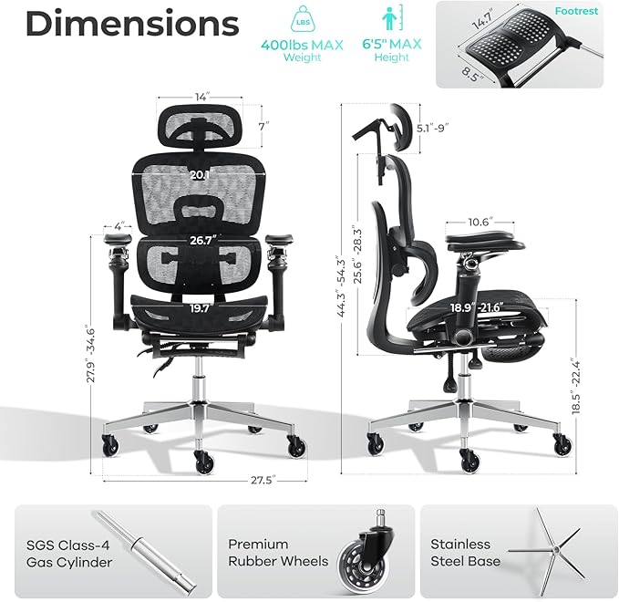 Ergonomic Office Chair with 9D Arms,Adjustable Seat Depth,3D Lumbar Support,135° Recline,3D Headrest & Footrest,Mesh Computer Desk Chair - Ultimate Comfort for Home & Executive Office Black