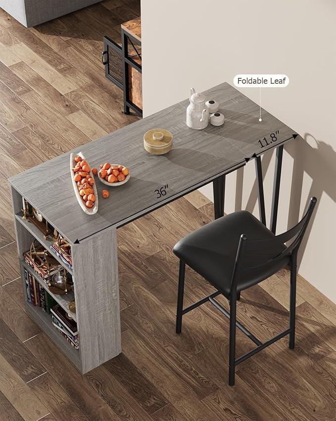 Garvee Bar Table and Chairs Set, 3 Piece Bar Table Set with with Flip Top Extension and Storage Shelves, Dining Table Set for 2, Suitable for Small Space Kitchen Apartment, Grey