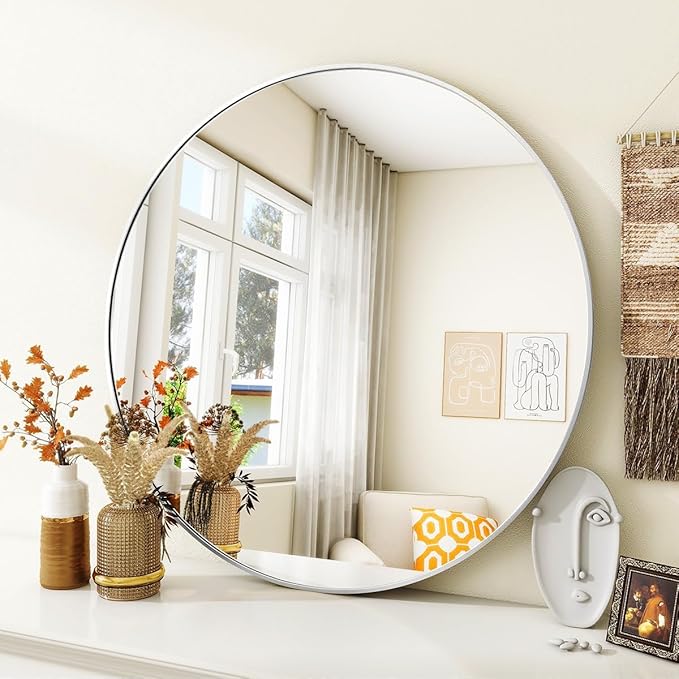 Silver Round Bathroom Mirror, 24 inch Circle Wall Mounted Hanging Mirror with Simple Modern Circular Metal Frame for Hallway, Entryway, Living Room, Silver Frame