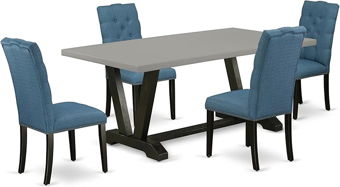 East West Furniture V697EL121-5 5 Piece Dinette Set Includes a Rectangle Dining Room Table with V-Legs and 4 Blue Linen Fabric Upholstered Parson Chairs, 40x72 Inch, Multi-Color