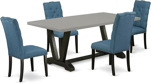 East West Furniture V697EL121-5 5 Piece Dinette Set Includes a Rectangle Dining Room Table with V-Legs and 4 Blue Linen Fabric Upholstered Parson Chairs, 40x72 Inch, Multi-Color