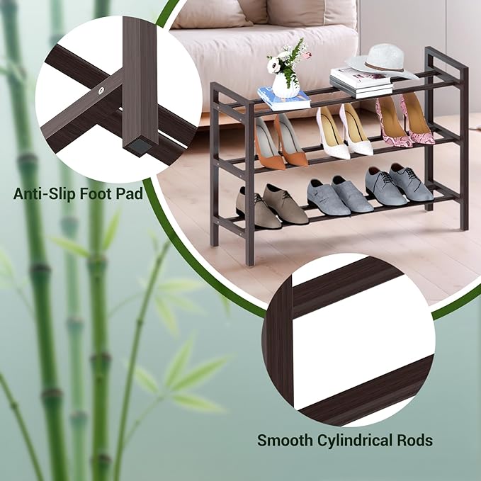 Haddockway Bamboo Shoe Rack for Closet, Free Standing Shoe Organizer with Smooth Round Rods & Convenient Handles, Stackable Shoe Storage Shelf for Entryway, Hallway(Brown, 3-Tier)
