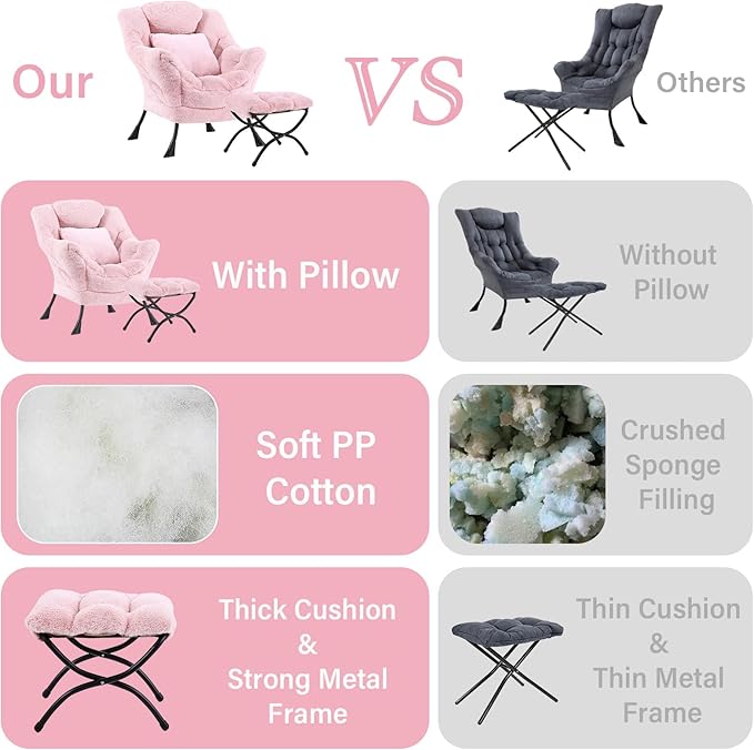 Lazy Chair with Ottoman, Comfy Reading Lounge Chair with Footstool & Throw Pillow Modern with Armrests & Side Pocket for Living Room, Bedroom, Dorm Room, Plush Pink
