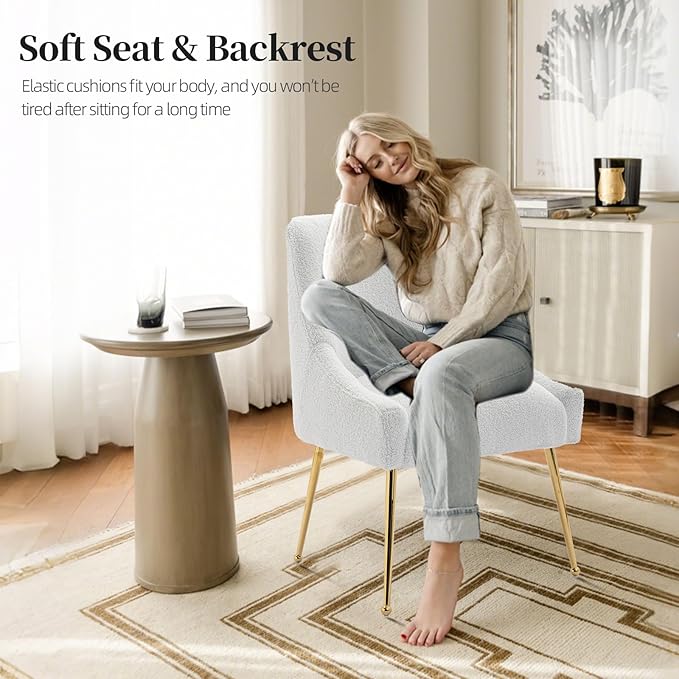 Modern Velvet Dining Chairs Set of 2, Contemporary Upholstered Furniture Collection with Polished Gold Metal Legs, Elegant Accent Chairs for Kitchen Living Room(Teddy Fleece,White)