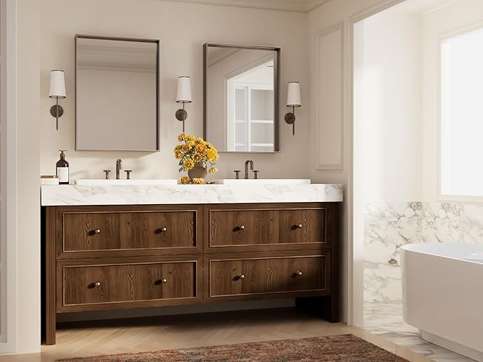 Keonjinn 22 x 30 in Brushed Bronze Framed Mirror for Bathroom, Bronze Vanity Mirrors for Over Sink, Square Corner, Modern Farmhouse Style, Aluminum Alloy Frame(Horizontal/Vertical)
