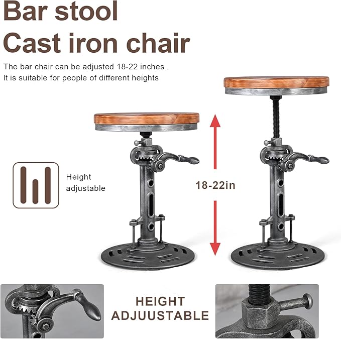 LOKKHAN American Antique Steampunk Deco Vintage Industrial Bar Cafe Stool, Retro Stylish Cast Iron Base Swivel Round Wood Top, Easily Adjusts by Crank Handle